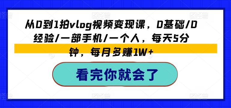 从0到1拍vlog视频变现课，0基础/0经验/一部手机/一个人，每天5分钟，每月多赚1W+-LH资源分享网