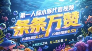 第一人称水族代言视频，条条万赞，20条作品涨粉7.8W，多种变现方式月入五位数-LH资源分享网
