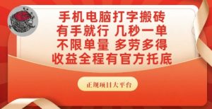手机电脑打字搬砖，副业可发展主业来做蓝海项目，有手就行，几秒一单，不限单量，多劳多得【揭秘】-LH资源分享网