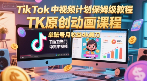 TikTok中视频计划保姆级教程，TK原创动画课程，单账号月收益4k美刀-LH资源分享网