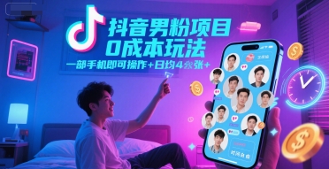 抖音男粉项目0成本玩法，一部手机即可操作，日均4张+，时间自由-LH资源分享网