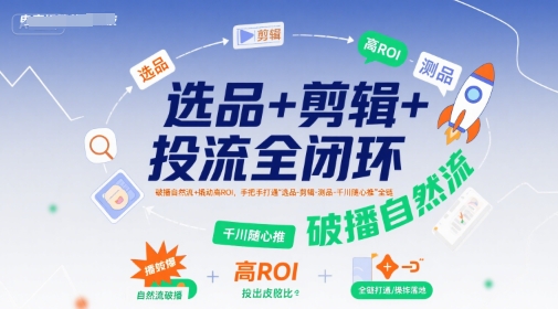 选品+剪辑+投流全闭环，破播自然流+撬动高ROI，手把手打通“选品-剪辑-测品-千川随心推”全链-LH资源分享网