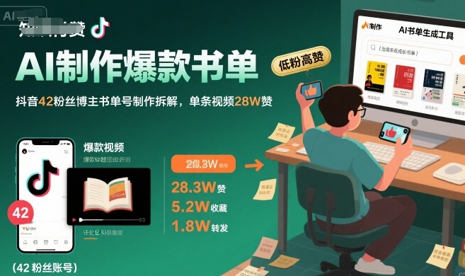 AI制作爆款书单，抖音42粉丝博主书单号制作拆解，单条视频28W赞-LH资源分享网