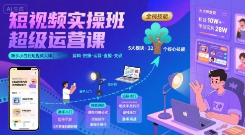 短视频实操班超级运营课，新手小白到短视频大神必修课程，剪辑-拍摄-运营-直播-变现-LH资源分享网