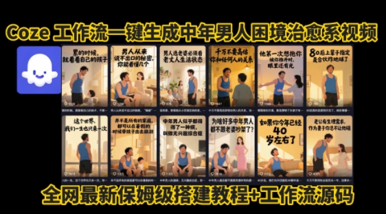 coze工作流一键生成”中年男人困境扎心高涨粉高播放量图文视频”保姆级拆解教程，无需剪辑，无需拍摄写文案-LH资源分享网