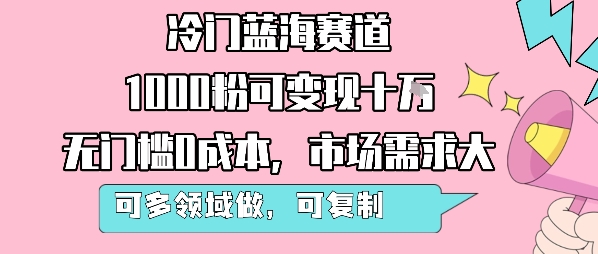 冷门蓝海赛道，1000粉可变现十W，无门槛0成本，市场需求大，可多领域做，可复制性强-LH资源分享网