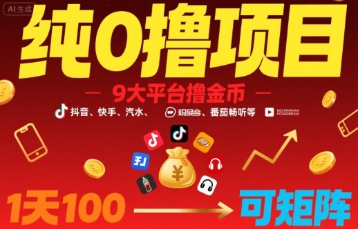纯0撸项目，9大平台撸金币，抖音，快手，汽水，番茄畅听等，1天100，可矩阵-LH资源分享网