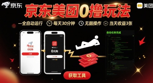 京东美团平台最新0撸玩法，全自动挂G，每天30分钟，无脑操作，当天收益3张【揭秘】-LH资源分享网