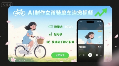 AI制作女孩骑单车治愈视频，流量大，起号快，快速起千粉万粉号-LH资源分享网