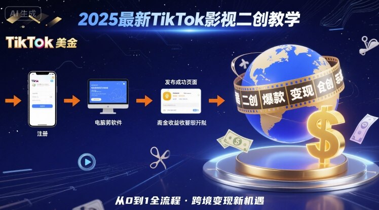 2025年最新TikTok影视二创教学，从注册到发布撸美金全流程，跨境变现新机遇-LH资源分享网