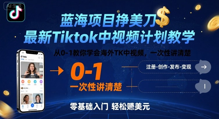 蓝海项目挣美刀，最新Tiktok中视频计划教学，从0-1教你学会海外TK中视频，一次性讲清楚-LH资源分享网