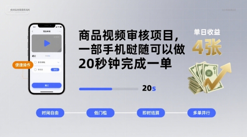 商品视频审核项目，一部手机随时随地都可以做，20秒钟完成一单，单日收益 4张【揭秘】-LH资源分享网