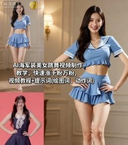 AI海军装美女跳舞视频制作教学，快速涨千粉万粉，视频教程+提示词(绘图词、动作词)-LH资源分享网