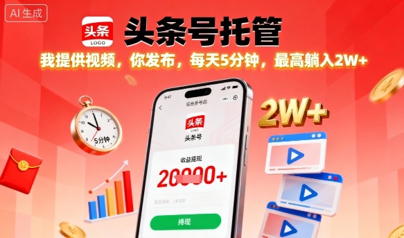 【头条号托管】我提供视频，你发布，每天5分钟，最高躺入2W+【揭秘】-LH资源分享网