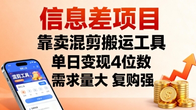 信息差项目，靠卖混剪搬运工具，单日变现4位数，需求量大，复购强，操作简单，几分钟一条视频-LH资源分享网