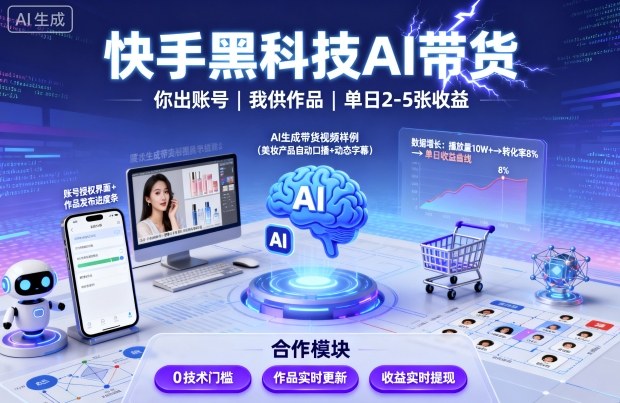 快手黑科技AI带货，你提供账号，我提供作品并发布，单日2-5张【揭秘】-LH资源分享网