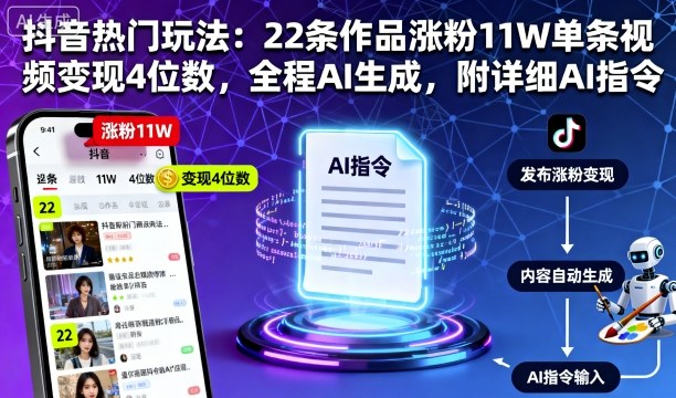 抖音热门玩法：22条作品涨粉11W单条视频变现4位数，全程AI生成，附详细AI指令-LH资源分享网