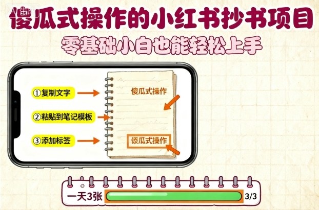 傻瓜式操作的小红书抄书项目，会复制粘贴就行，零基础小白也能一天3张-LH资源分享网