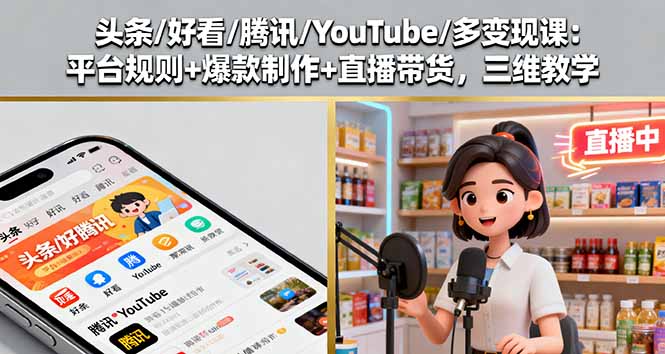 头条/好看/腾讯/YouTube/多变现课：平台规则+爆款制作+直播带货，三维教学-LH资源分享网