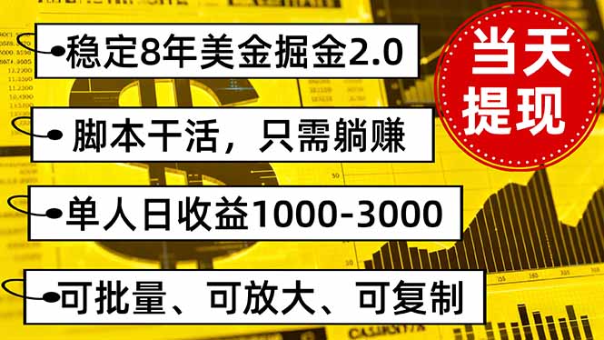 稳定8年美金掘金2.0脚本干活，只需躺赚。单人日收益1000-3000可批量、…-LH资源分享网