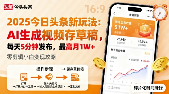 2025年今日头条躺賺新玩法，AI生成视频存草稿，每天5分钟发布，最高月1W+【揭秘】-LH资源分享网