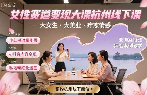 女性赛道变现大课杭州线下，大女生，大美业，疗愈情感，一套小红书、抖音、私域全链路打法-LH资源分享网