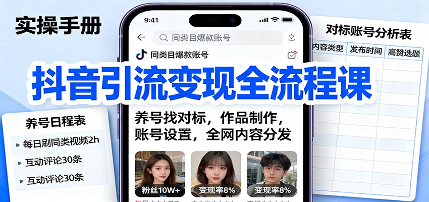 抖音引流变现全流程课：养号找对标，作品制作，账号设置，全网内容分发-LH资源分享网