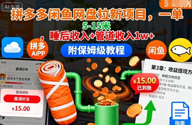 拼多多闲鱼网盘拉新项目，一单5-15米，睡后收入+管道收入1w+(附保姆级教程)-LH资源分享网