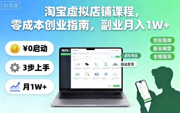 淘宝虚拟店铺课程，零成本创业指南，副业月入1W+-LH资源分享网