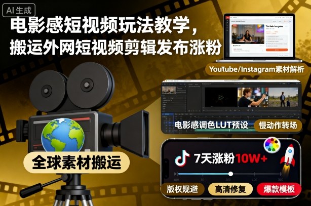 电影感短视频玩法教学，搬运外网短视频剪辑发布涨粉-LH资源分享网