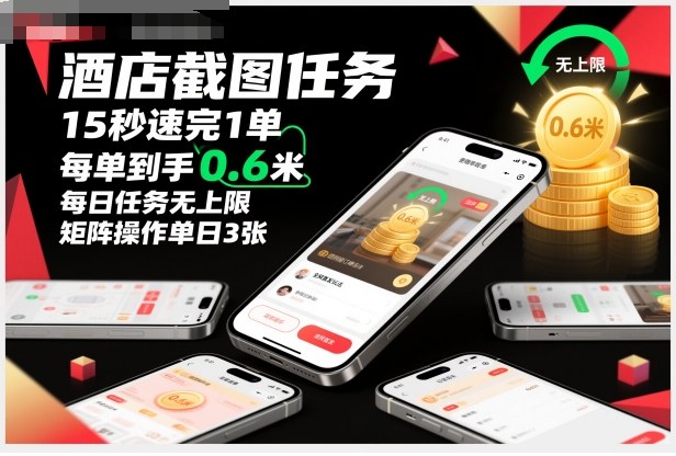 酒店截图任务，15秒速完1单，每单到手0.6米，每日任务无上限，全网首发玩法，矩阵操作单日3张【揭秘】-LH资源分享网