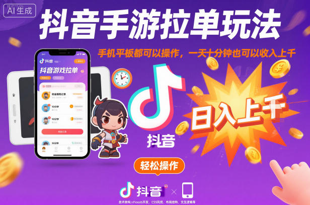 抖音手游拉单玩法，手机平板都可以操作，一天十分钟也可以收入上K【揭秘】-LH资源分享网