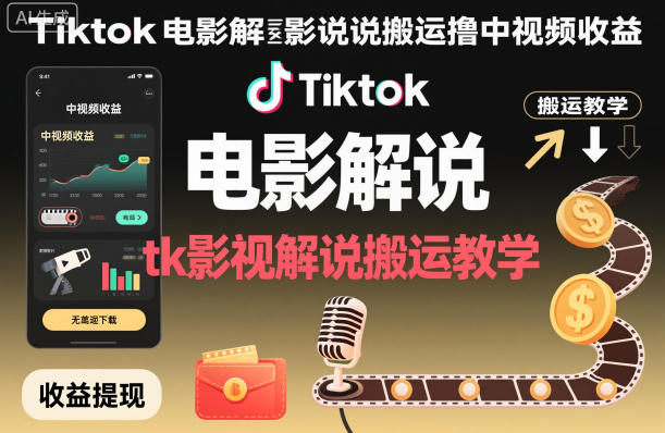 Tiktok电影解说搬运撸中视频收益，tk影视解说搬运教学-LH资源分享网