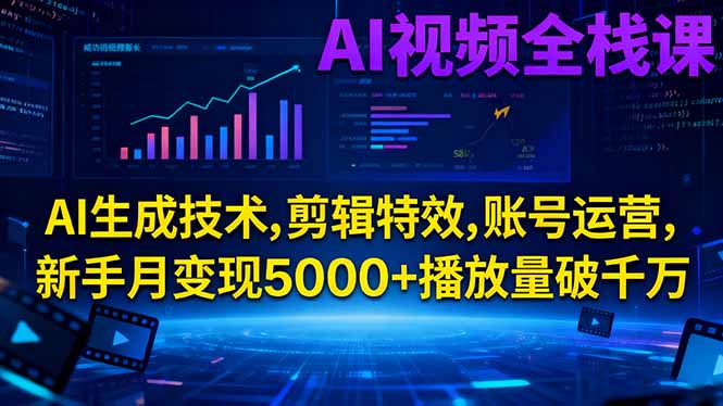 AI视频全栈课:AI生成技术,剪辑特效,账号运营,新手月变现5000+播放量破千万-LH资源分享网