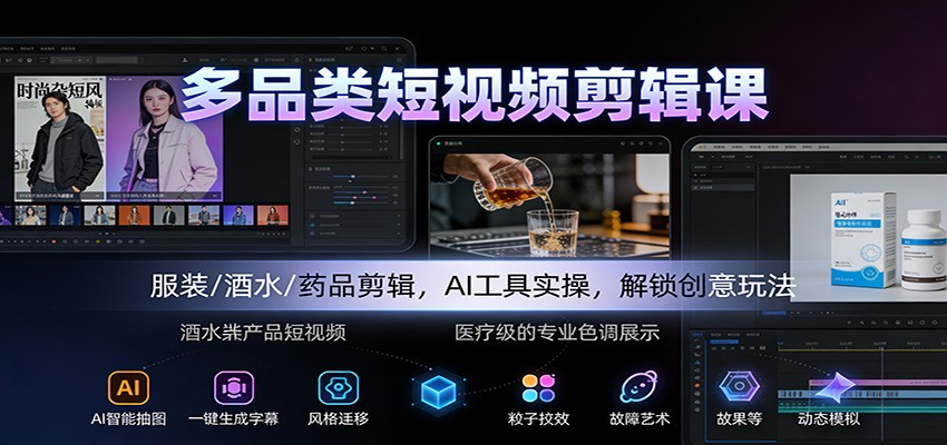多品类短视频剪辑课：服装/酒水/药品剪辑，AI工具实操，解锁创意玩法-LH资源分享网