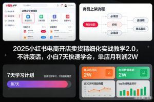 2025小红书电商开店卖货精细化实战教学2.0，不讲废话，小白7天快速学会，单店月利润2W-LH资源分享网